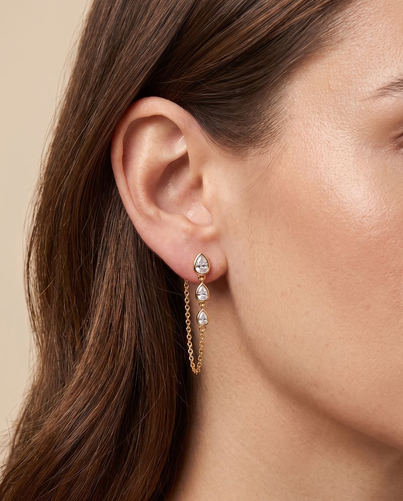 Gold Bezel-Set Pear CZ Chain Drop Earrings