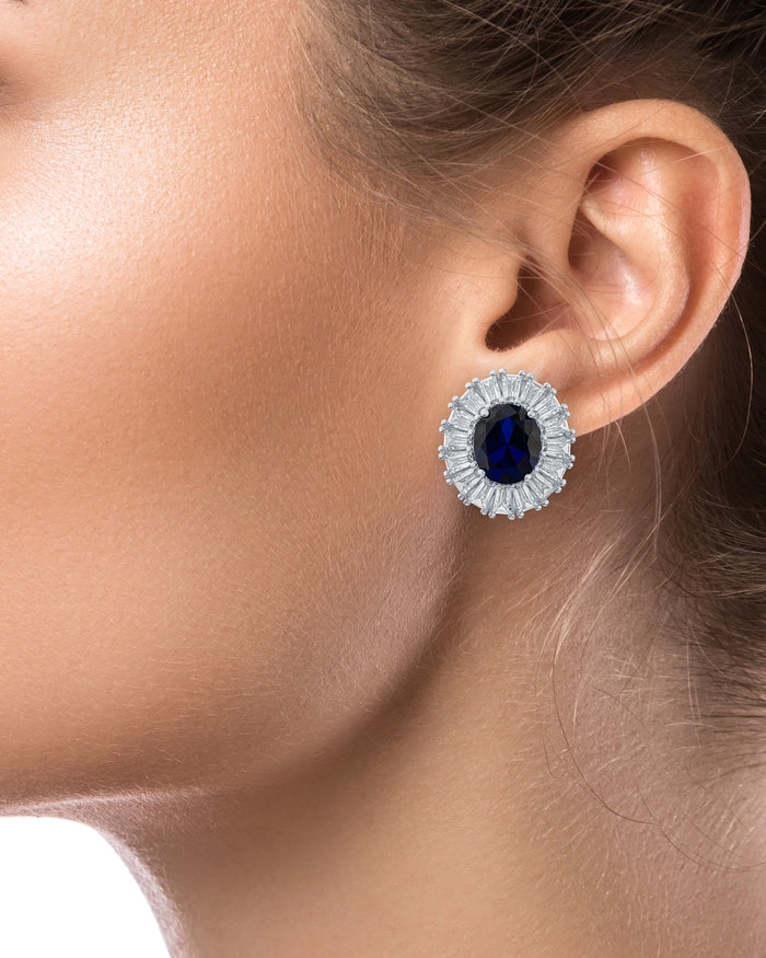 Oval and Baguette Blue Sapphire CZ Earrings