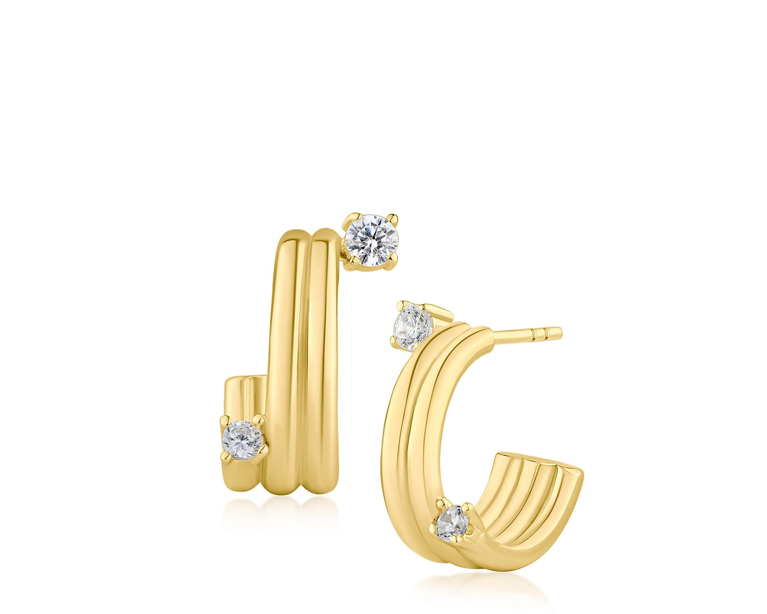 Triple-Ridge CZ Hoop Earrings