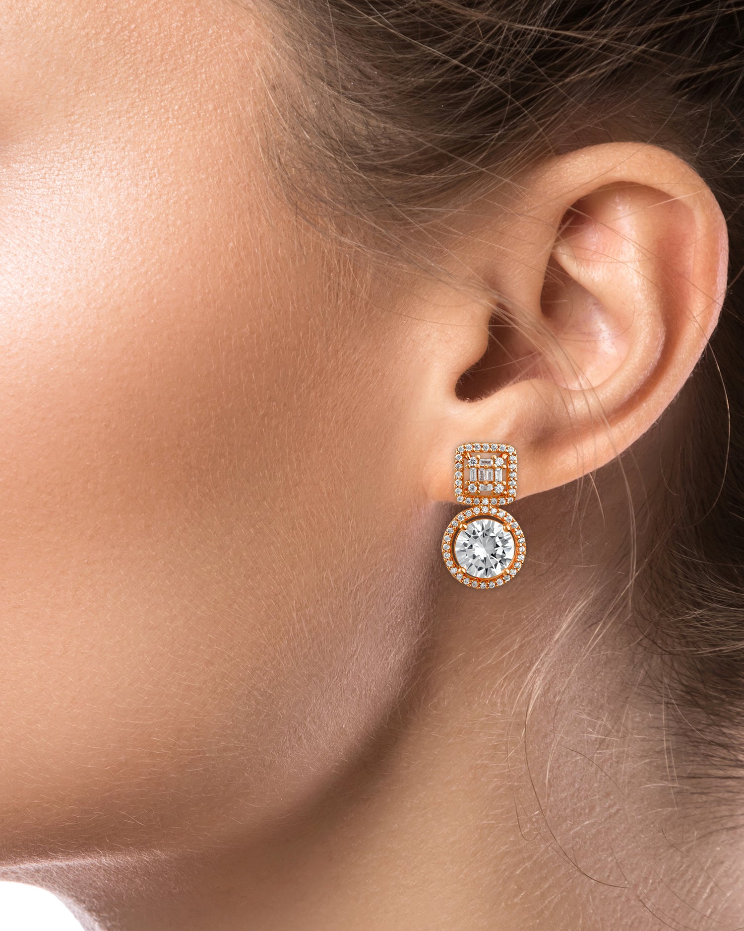 Round and Baguette CZ Drop Earrings