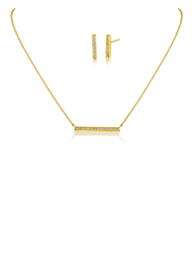Pave CZ Bar Necklace and Earring Set in Yellow Gold