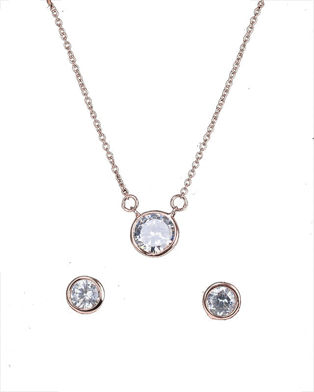 Bezel Round CZ Pendant with Post Earring Set