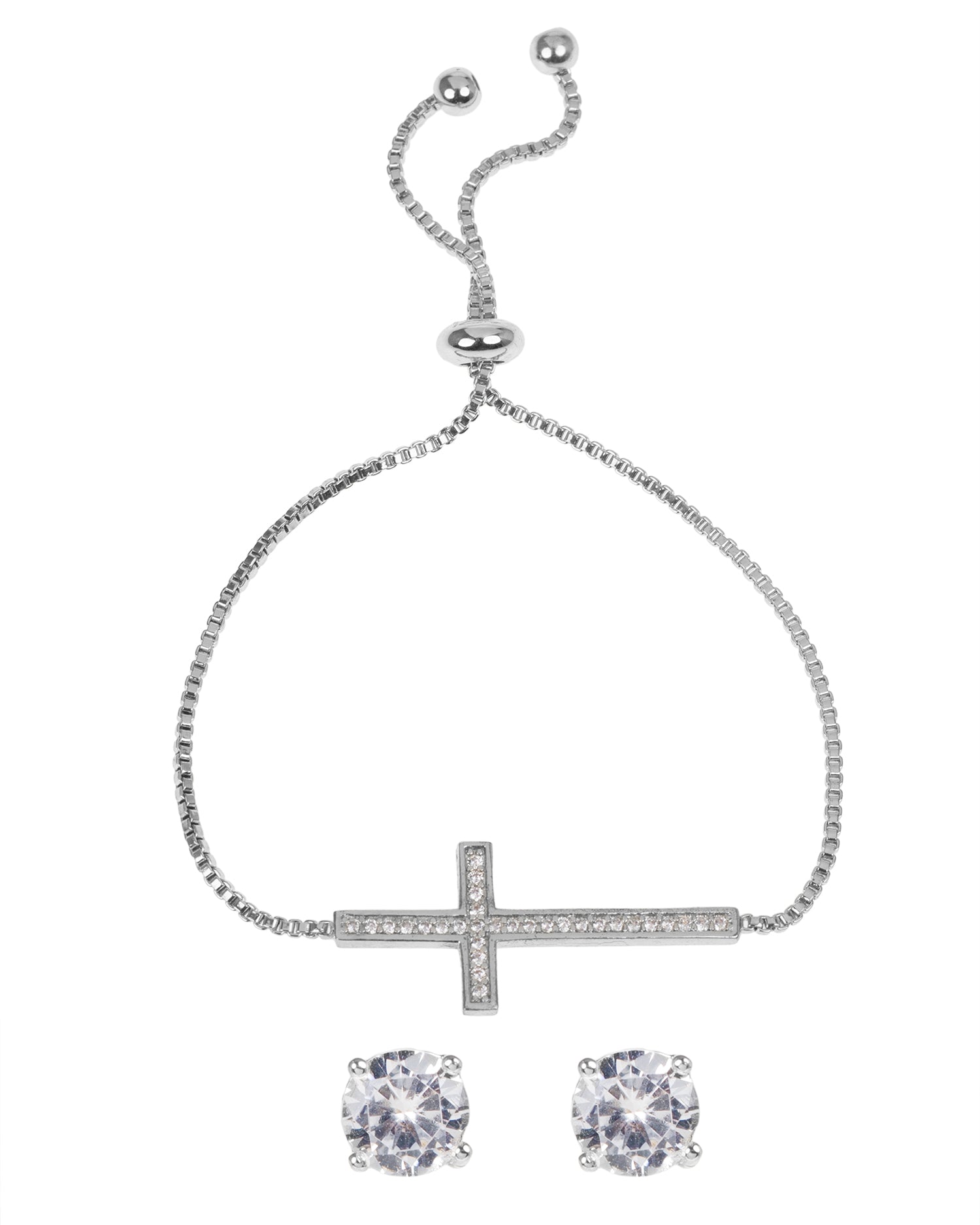 Pave CZ Cross Bolo Bracelet with Round Stud Earring Set