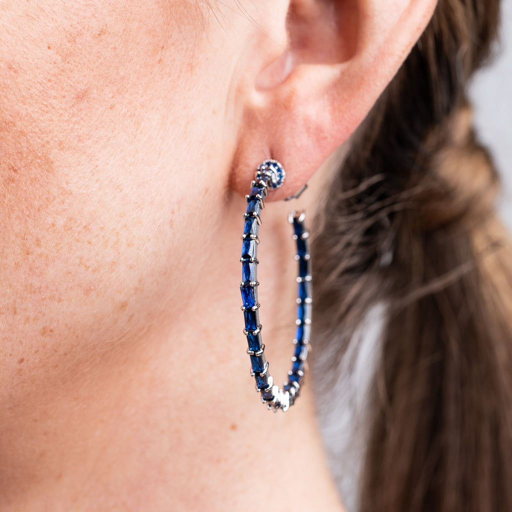 Blue Sapphire Baguette Inside Out Hoop Earrings