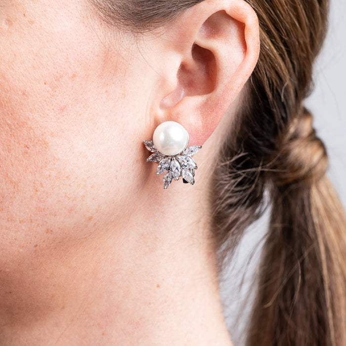 CZ Cluster and Pearl Clip Earrings