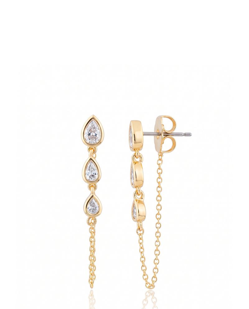 Gold Bezel-Set Pear CZ Chain Drop Earrings
