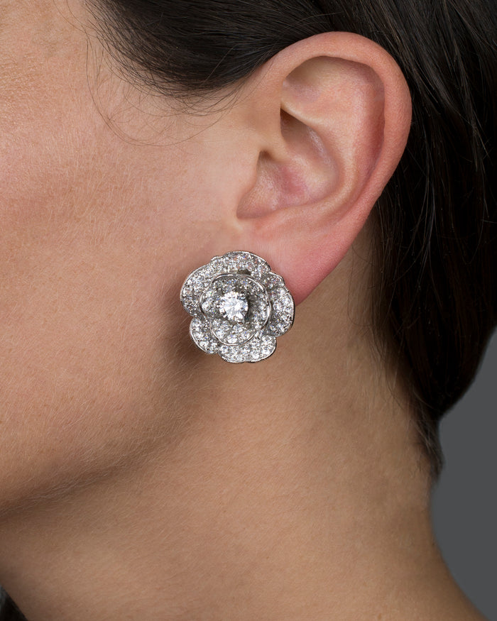 Pave Flower Clip On Earrings