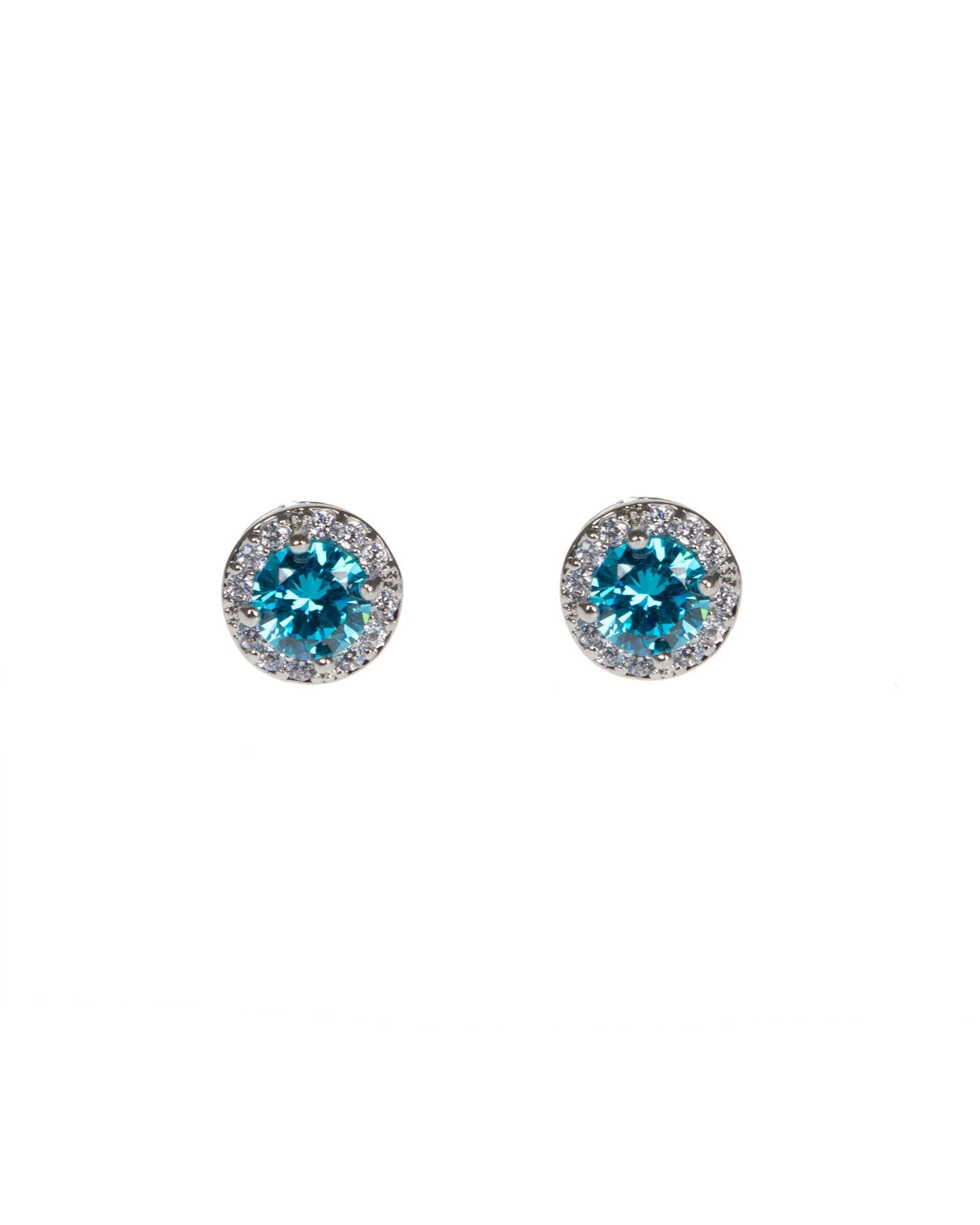 Aqua Round CZ W/Pave Halo Stud Earring