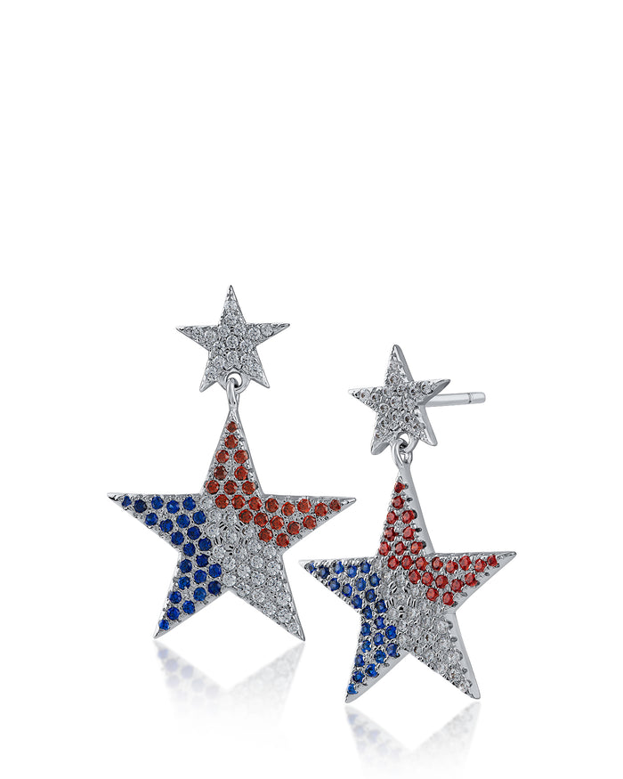 Pave CZ Double Star Drop Earrings