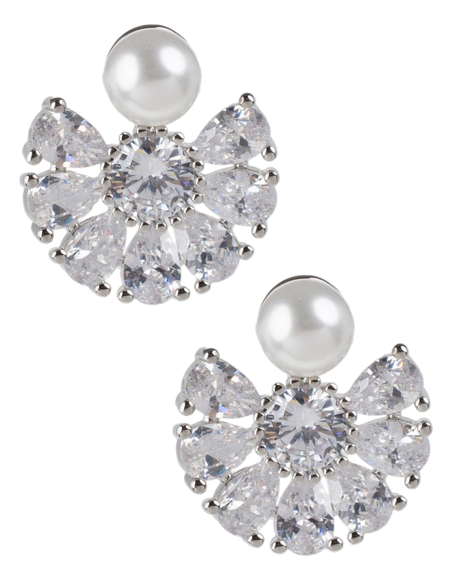 Glass Pearl & Pear CZ Cluster Stud Earrings