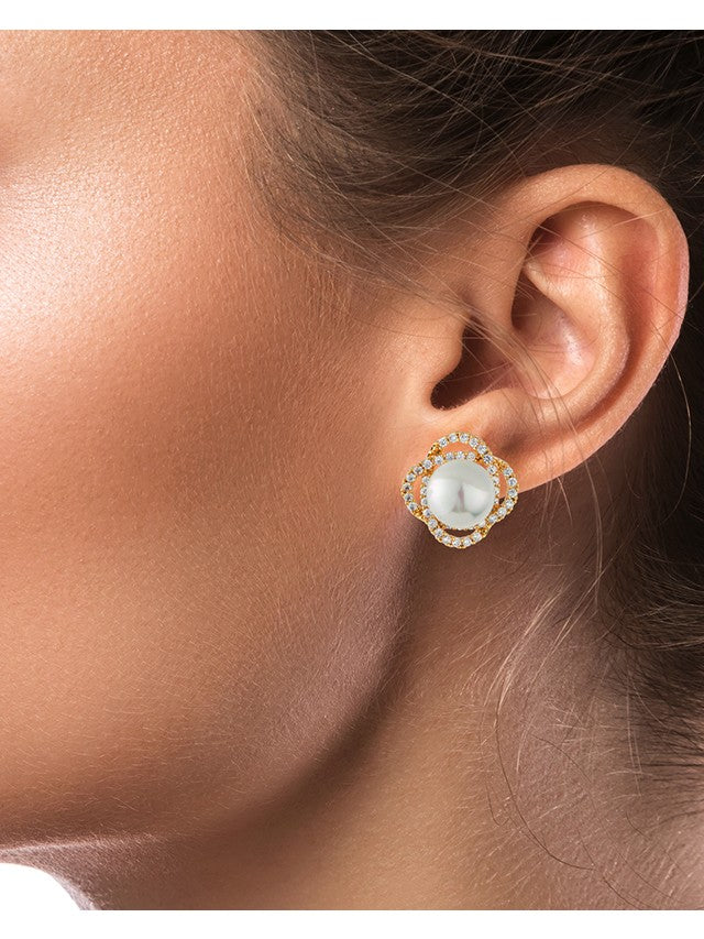 Pearl and Pave Clover Stud Earrings