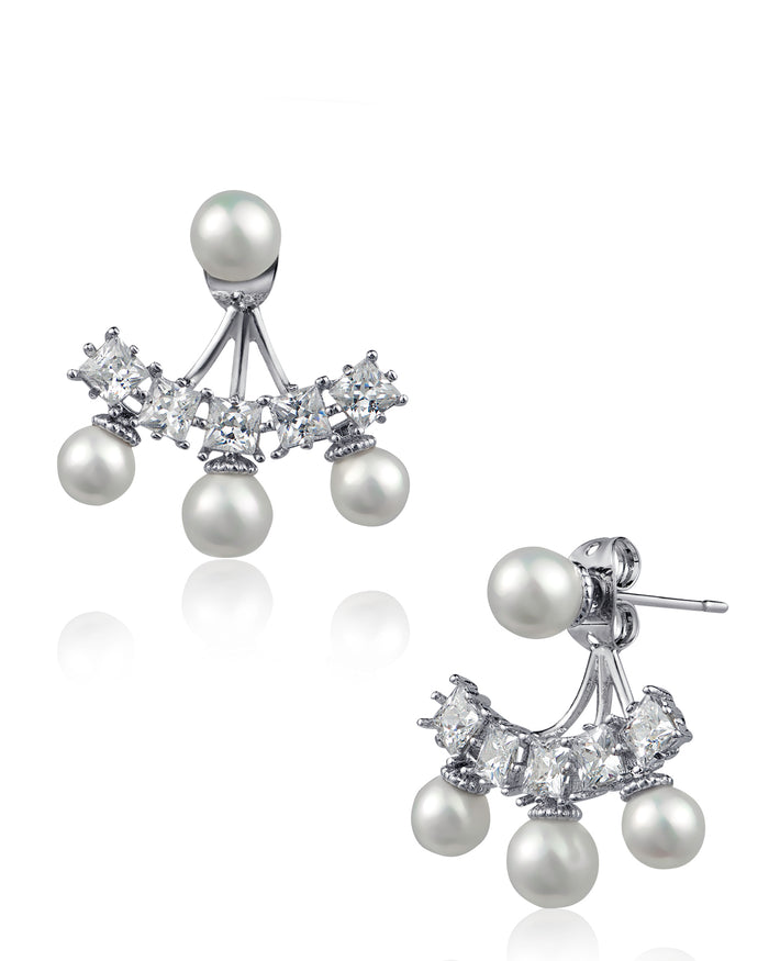 Round CZ and Pearl Front to Back Earrings