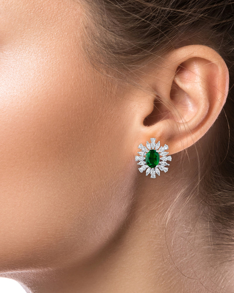 Oval Emerald CZ Cluster Earrings
