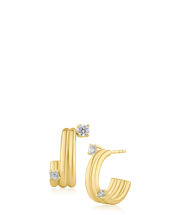 Triple-Ridge CZ Hoop Earrings