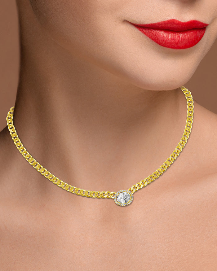 Oval CZ Center Chain Necklace
