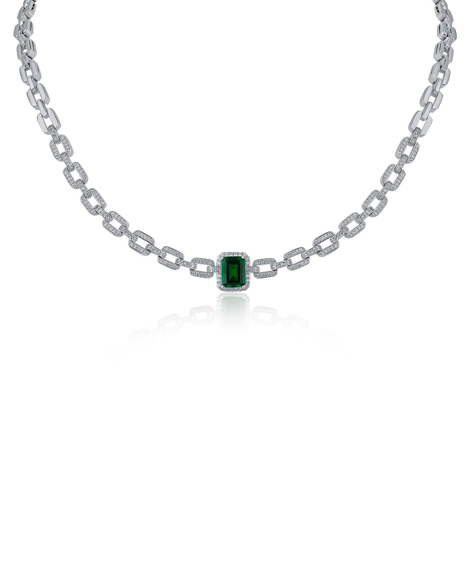 Pave and Emerald CZ Link Necklace