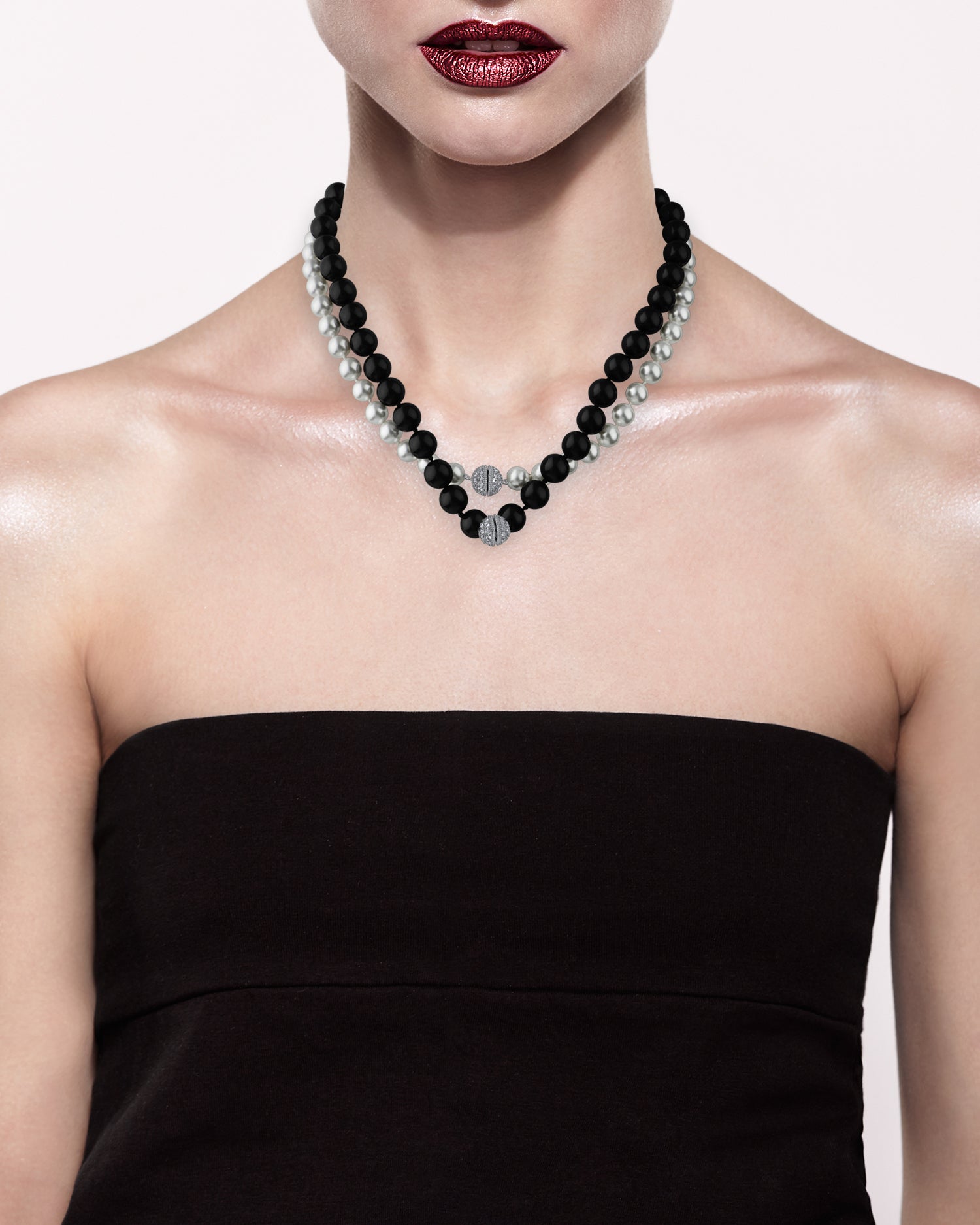 Double Pave Clasp Pearl Necklace