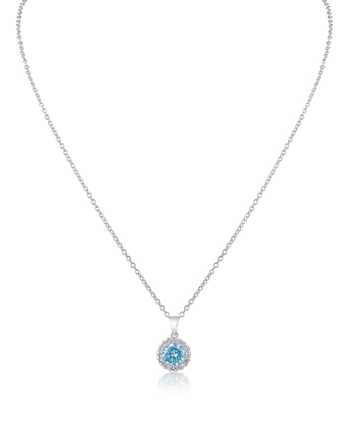 Aqua Round Halo Pendant Necklace