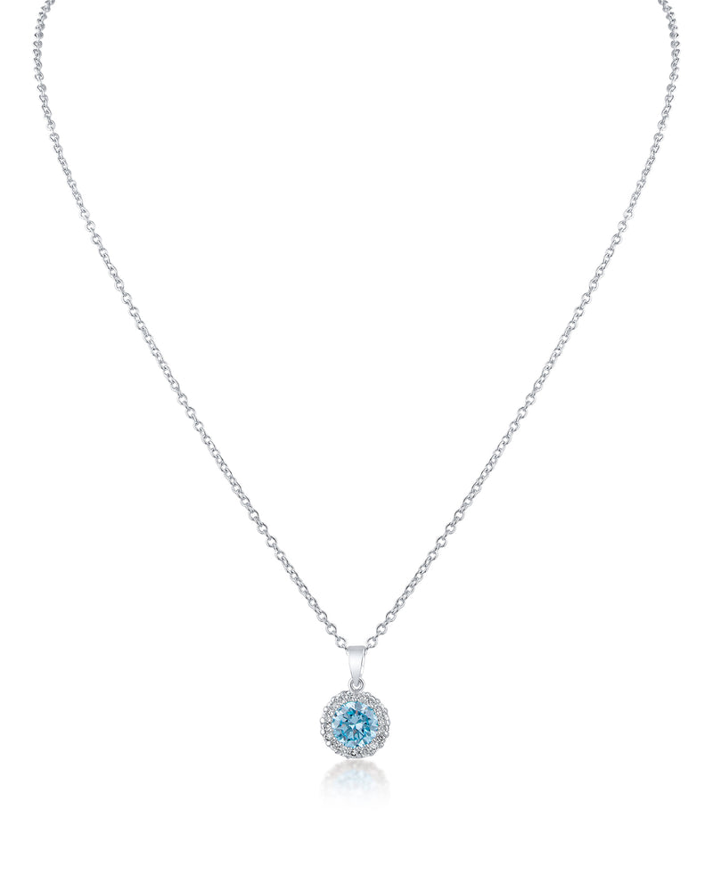 Aqua Round Halo Pendant Necklace