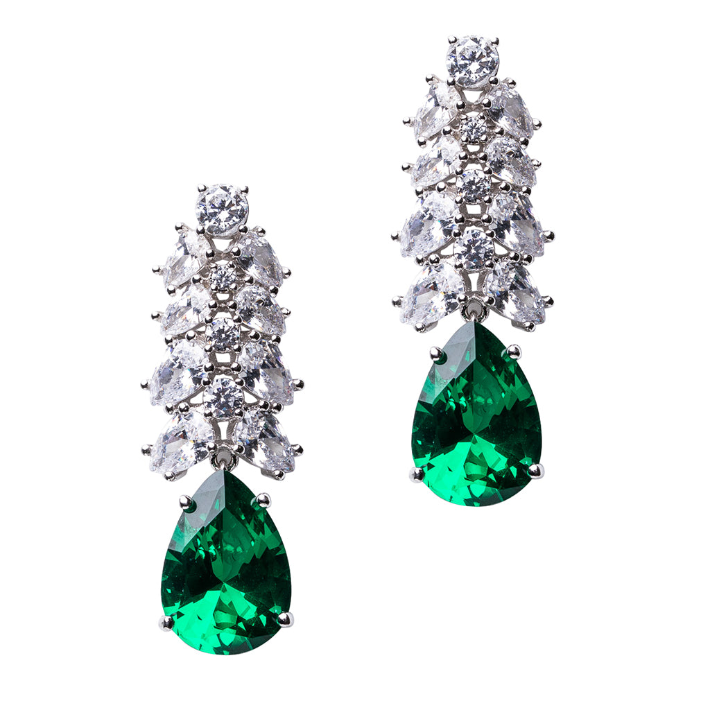 Mixed Cluster Emerald Pear Dropped Earrings