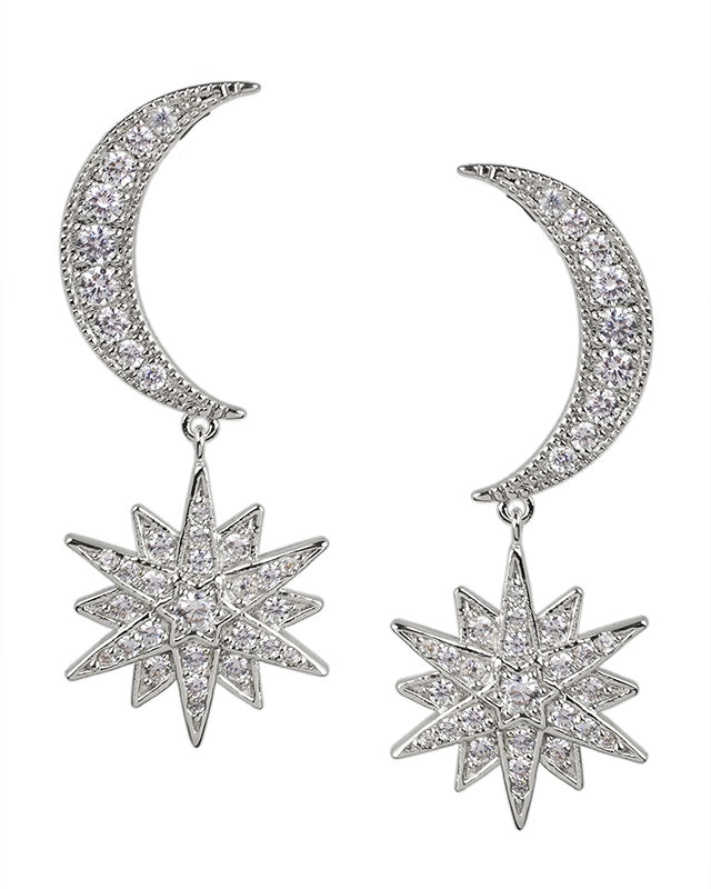 Pave Moon and Starburst Drop Earrings