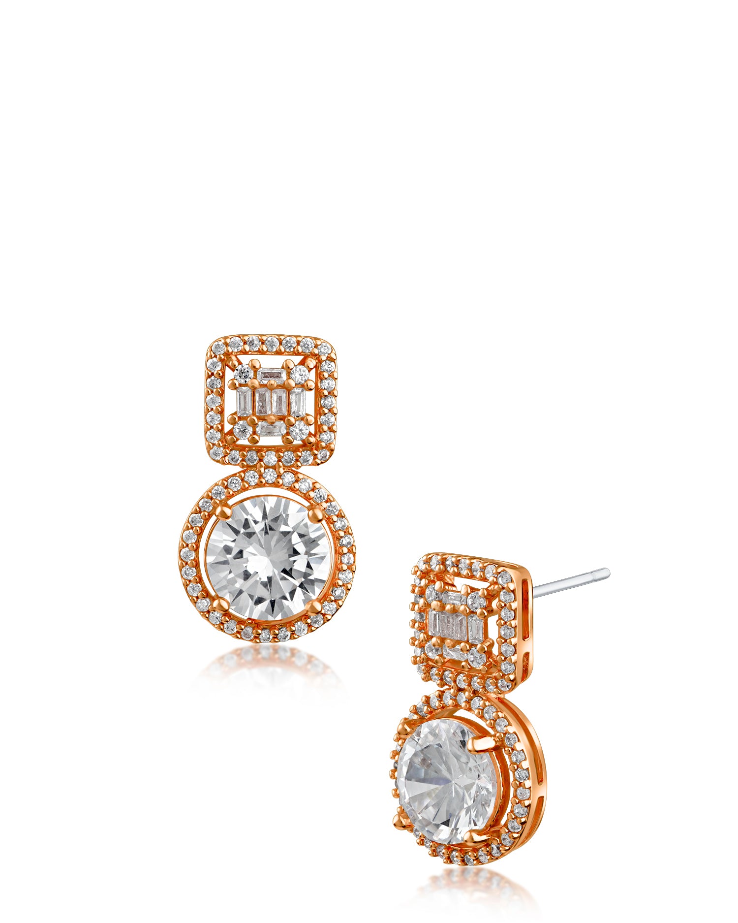 Round and Baguette CZ Drop Earrings