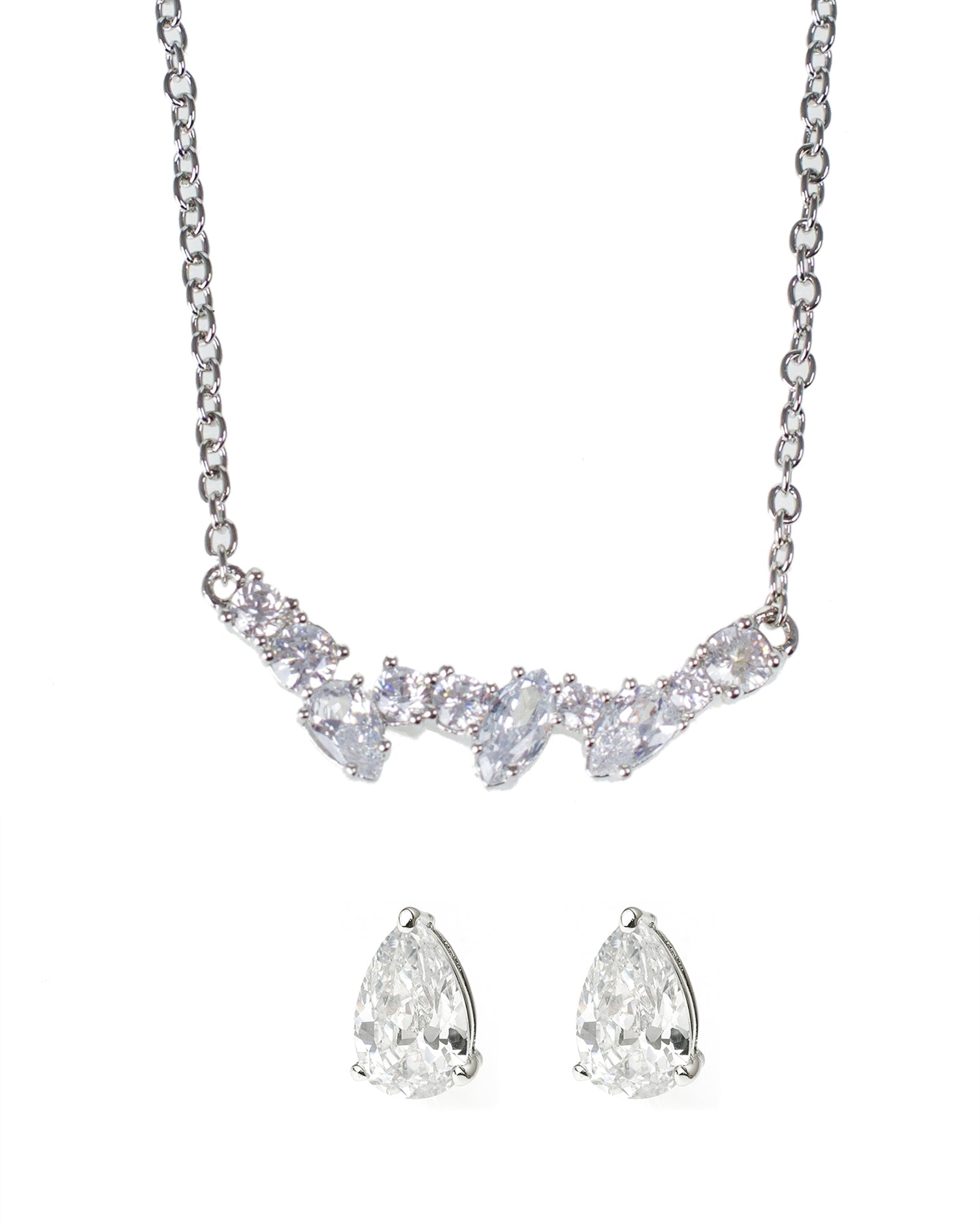 Mixed CZ Necklace and Pear Post Earring Set