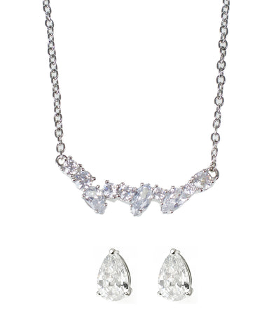 Pave CZ Bar Necklace and Earring Set in Yellow Gold