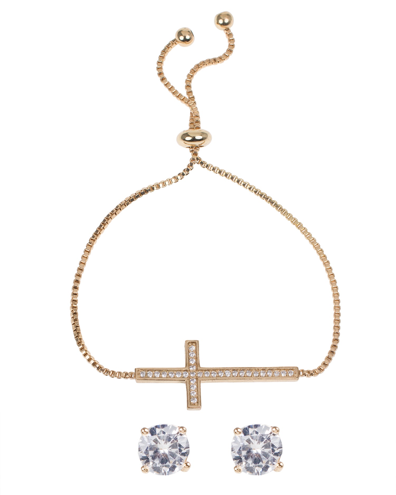 Pave CZ Cross Bolo Bracelet with Round Stud Earring Set in Yellow Gold