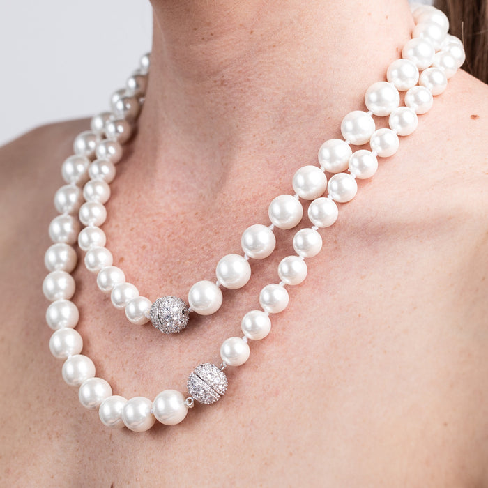 Double Pave Clasp Pearl Necklace