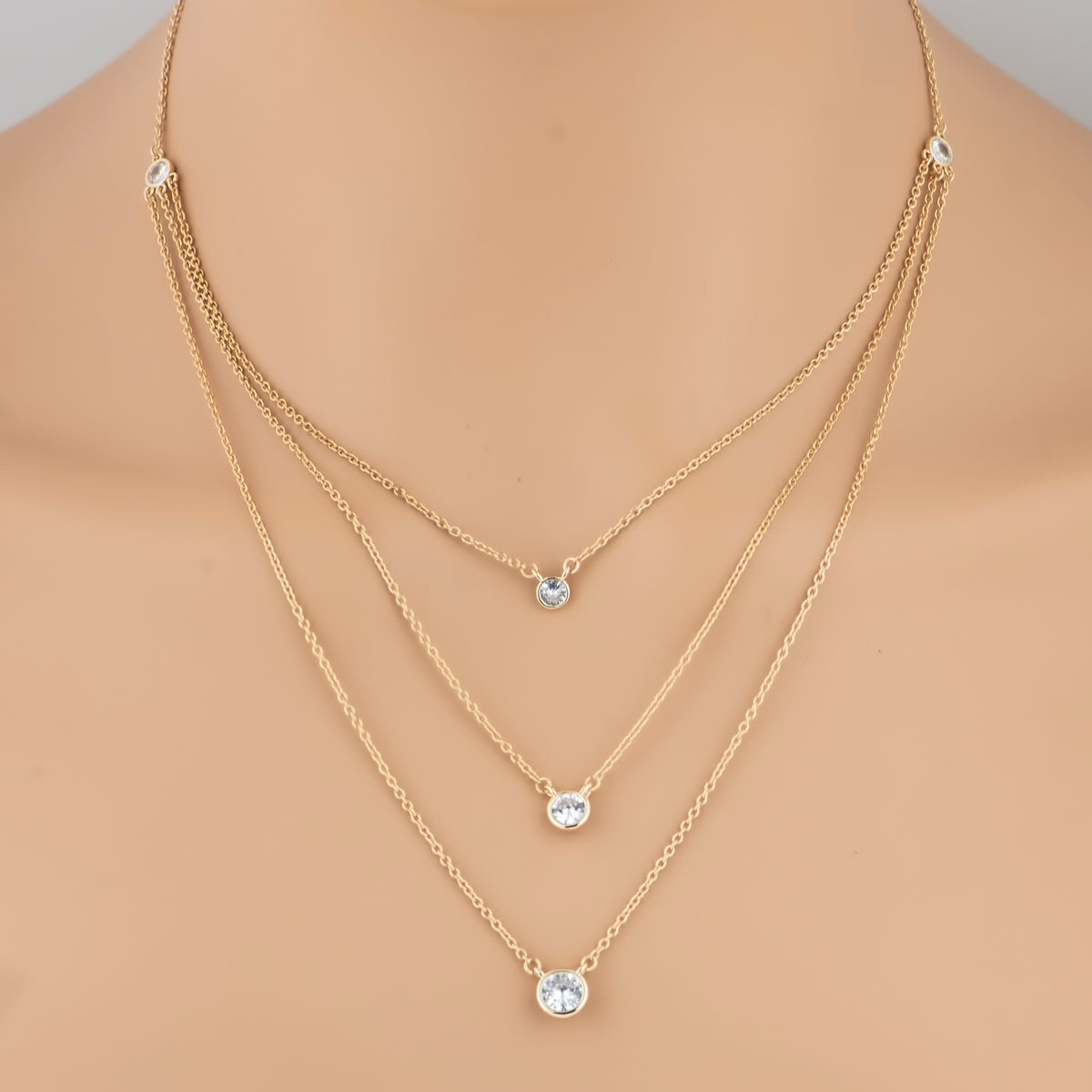 Triple Round CZ Layered Necklace