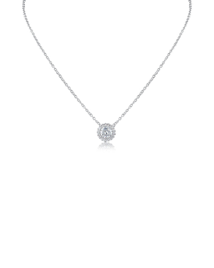 Round CZ Pendant Necklace with Pave Trim