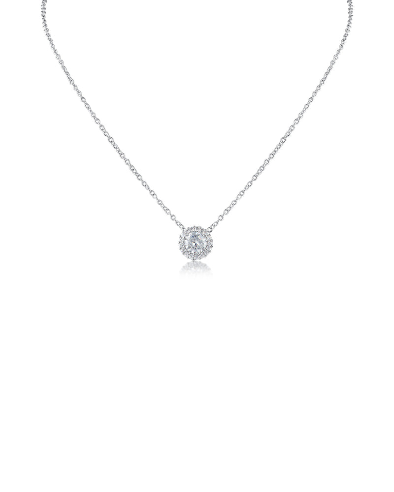 Round CZ Pendant Necklace with Pave Trim